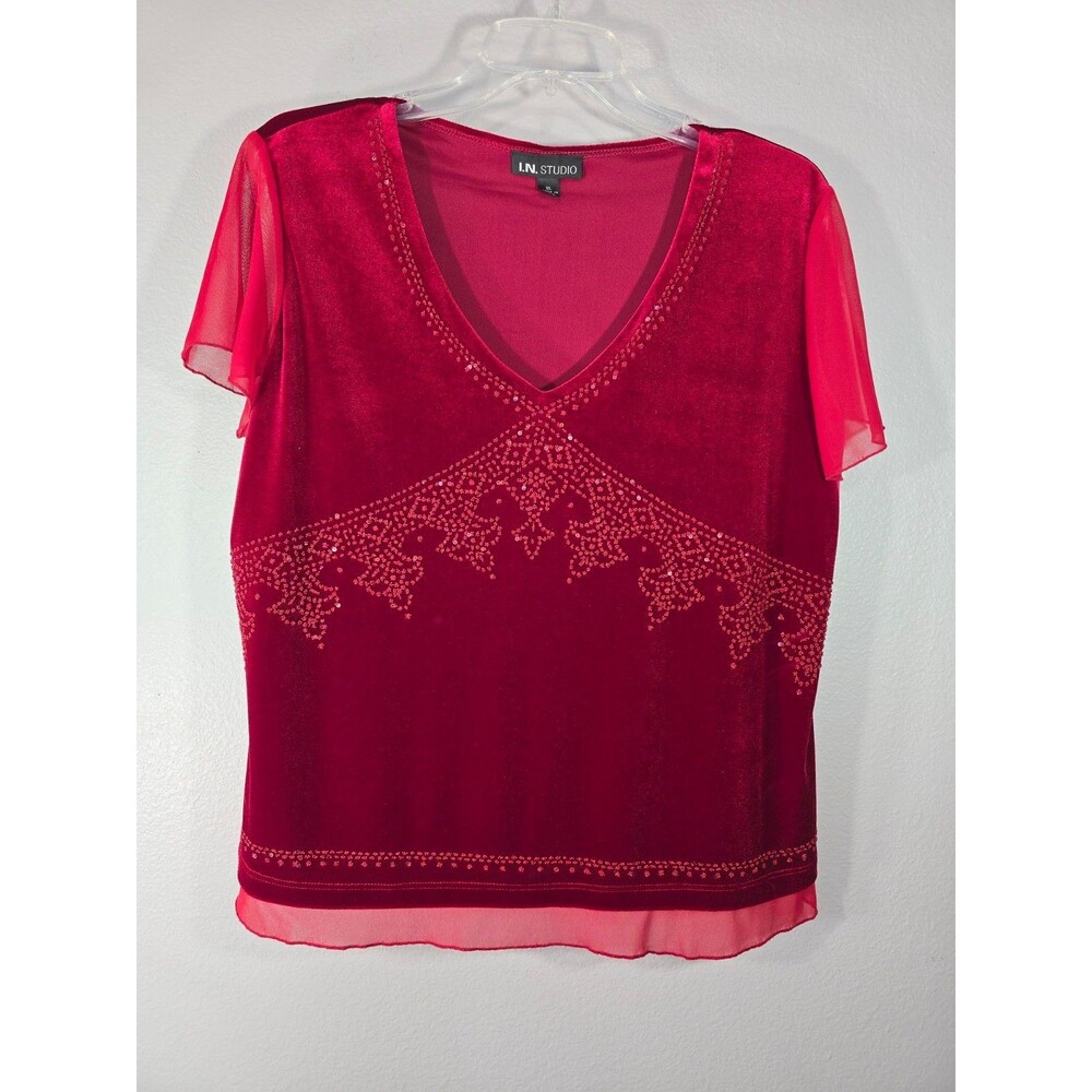 I.N. Studio Cherry Red Velvet  Sequined Blouse Size XL whimsygoth romantic BM